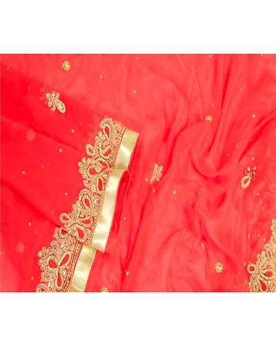 Sanskriti Vintage Red Long Dupatta Stole Pure Chiffon Silk Hand Beaded Scarves DC-46005-Red-Rhinestones Work-Pure Chiffon Silk-5