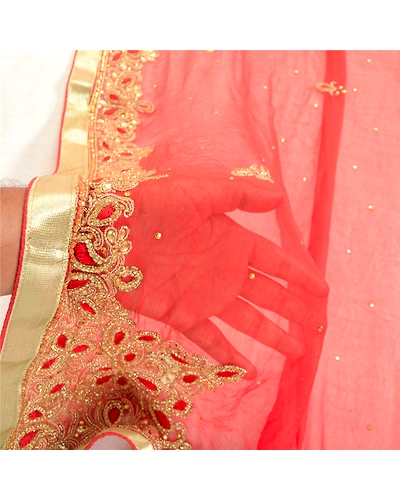 Sanskriti Vintage Red Long Dupatta Stole Pure Chiffon Silk Hand Beaded Scarves DC-46005-Red-Rhinestones Work-Pure Chiffon Silk-7
