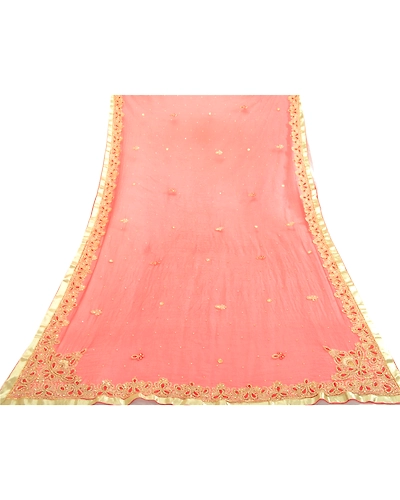 Sanskriti Vintage Red Long Dupatta Stole Pure Chiffon Silk Hand Beaded Scarves DC-46005-Red-Rhinestones Work-Pure Chiffon Silk-9