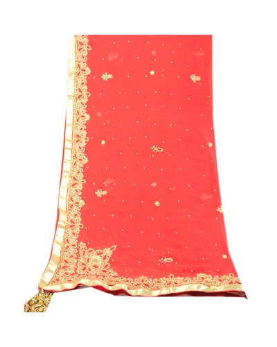 Sanskriti Vintage Red Long Dupatta Stole Pure Chiffon Silk Hand Beaded Scarves DC-46005-Red-Rhinestones Work-Pure Chiffon Silk-10