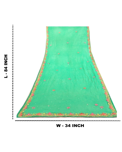Sanskriti Vintage Green Long Dupatta Stole Pure Silk Hand Beaded Wrap Scarves DC-46006-Green-Sequins Work-Pure Silk-1