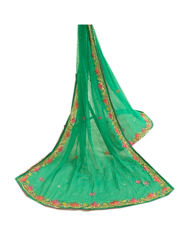 Sanskriti Vintage Green Long Dupatta Stole Pure Silk Hand Beaded Wrap Scarves DC-46006-Green-Sequins Work-Pure Silk-2