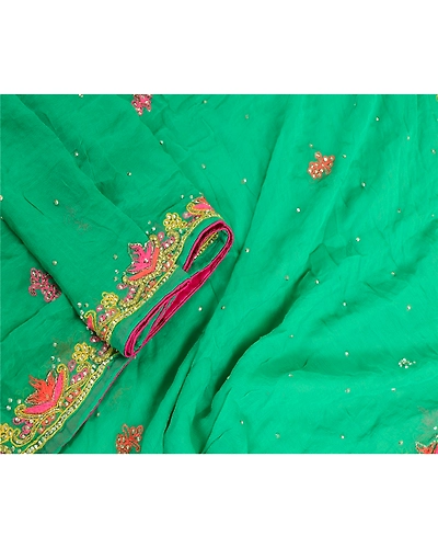 Sanskriti Vintage Green Long Dupatta Stole Pure Silk Hand Beaded Wrap Scarves DC-46006-Green-Sequins Work-Pure Silk-3