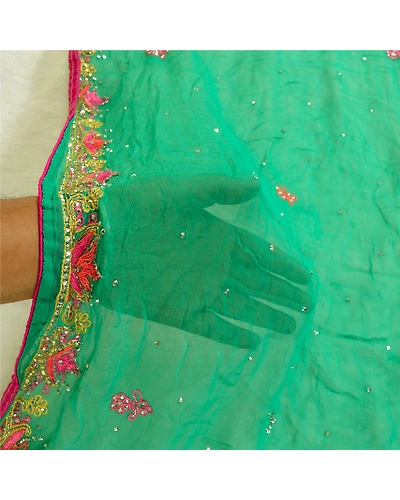 Sanskriti Vintage Green Long Dupatta Stole Pure Silk Hand Beaded Wrap Scarves DC-46006-Green-Sequins Work-Pure Silk-5