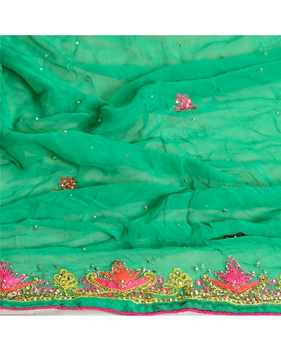 Sanskriti Vintage Green Long Dupatta Stole Pure Silk Hand Beaded Wrap Scarves DC-46006-Green-Sequins Work-Pure Silk-6