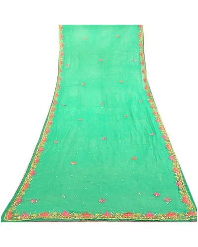 Sanskriti Vintage Green Long Dupatta Stole Pure Silk Hand Beaded Wrap Scarves DC-46006-Green-Sequins Work-Pure Silk-7