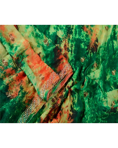 Sanskriti Vintage Green Dupatta Long Stole Pure Silk Hand Beaded Tie-Dye Scarves DC-46020-Green &amp; Cream-Sequins Work-Pure Silk-3