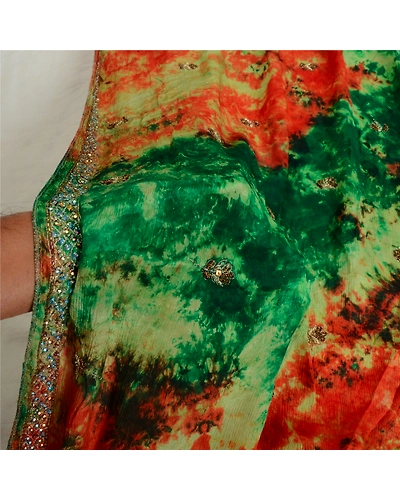 Sanskriti Vintage Green Dupatta Long Stole Pure Silk Hand Beaded Tie-Dye Scarves DC-46020-Green &amp; Cream-Sequins Work-Pure Silk-5