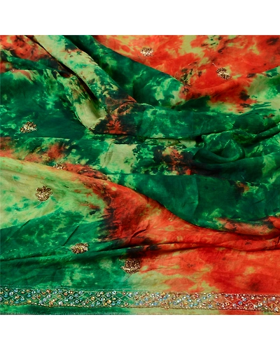 Sanskriti Vintage Green Dupatta Long Stole Pure Silk Hand Beaded Tie-Dye Scarves DC-46020-Green &amp; Cream-Sequins Work-Pure Silk-6