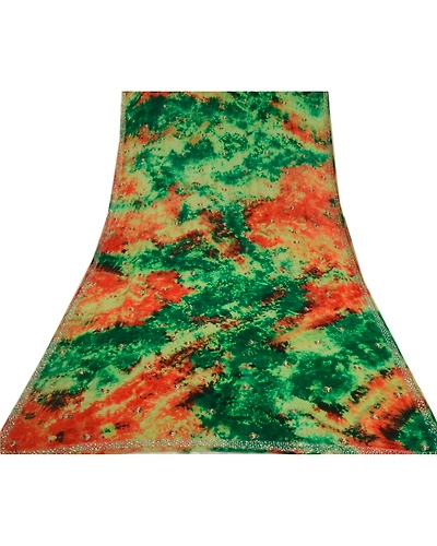 Sanskriti Vintage Green Dupatta Long Stole Pure Silk Hand Beaded Tie-Dye Scarves DC-46020-Green &amp; Cream-Sequins Work-Pure Silk-7