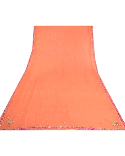 Sanskriti Vintage Peach Long Dupatta Stole Pure Georgette Silk Hand Beaded Veil DC-46024-Peach-Zardozi Work-Pure Georgette Silk-7