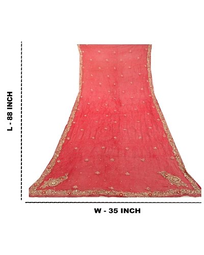 Sanskriti Vintage Red Long Dupatta Stole Pure Chiffon Silk Handmade Mukesh Work DC-46035-Red-Sequins Work-Pure Chiffon Silk-1