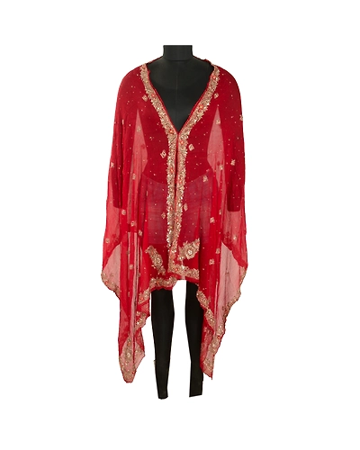 Sanskriti Vintage Red Long Dupatta Stole Pure Chiffon Silk Handmade Mukesh Work DC-46035-Red-Sequins Work-Pure Chiffon Silk-2