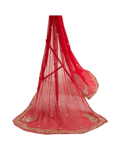 Sanskriti Vintage Red Long Dupatta Stole Pure Chiffon Silk Handmade Mukesh Work DC-46035-Red-Sequins Work-Pure Chiffon Silk-3