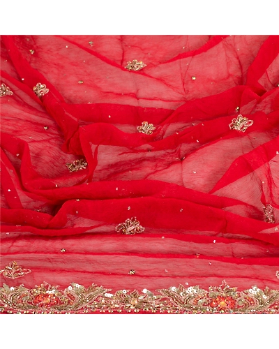 Sanskriti Vintage Red Long Dupatta Stole Pure Chiffon Silk Handmade Mukesh Work DC-46035-Red-Sequins Work-Pure Chiffon Silk-7