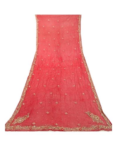 Sanskriti Vintage Red Long Dupatta Stole Pure Chiffon Silk Handmade Mukesh Work DC-46035-Red-Sequins Work-Pure Chiffon Silk-8