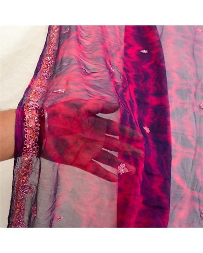 Sanskriti Vintage Purple Dupatta Long Stole Pure Chiffon Silk Handmade Tie-Dye DC-46043-Purple &amp; Pink-Sequins Work-Pure Chiffon Silk-5
