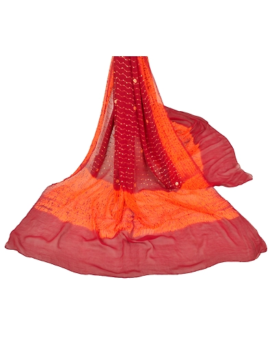 Sanskriti Vintage Dupatta Long Stole Georgette Dark Red Hand Beaded Leheria Veil DC-46062-Dark Red &amp; Orange-Mirror Work-Georgette-3