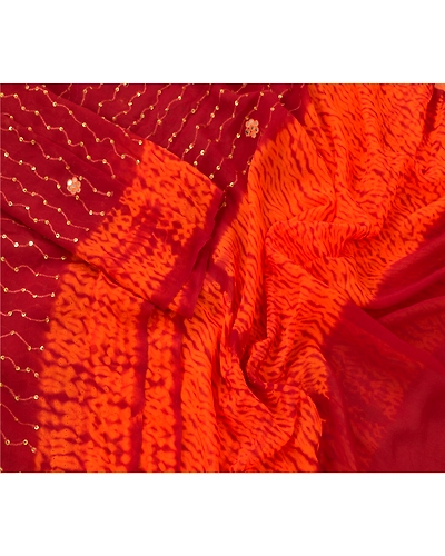 Sanskriti Vintage Dupatta Long Stole Georgette Dark Red Hand Beaded Leheria Veil DC-46062-Dark Red &amp; Orange-Mirror Work-Georgette-4