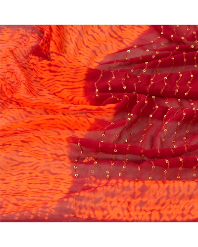 Sanskriti Vintage Dupatta Long Stole Georgette Dark Red Hand Beaded Leheria Veil DC-46062-Dark Red &amp; Orange-Mirror Work-Georgette-7
