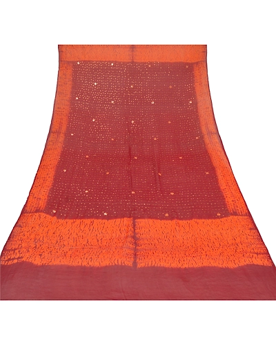 Sanskriti Vintage Dupatta Long Stole Georgette Dark Red Hand Beaded Leheria Veil DC-46062-Dark Red &amp; Orange-Mirror Work-Georgette-8