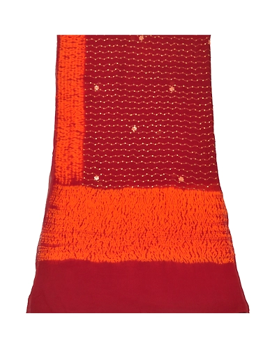 Sanskriti Vintage Dupatta Long Stole Georgette Dark Red Hand Beaded Leheria Veil DC-46062-Dark Red &amp; Orange-Mirror Work-Georgette-9