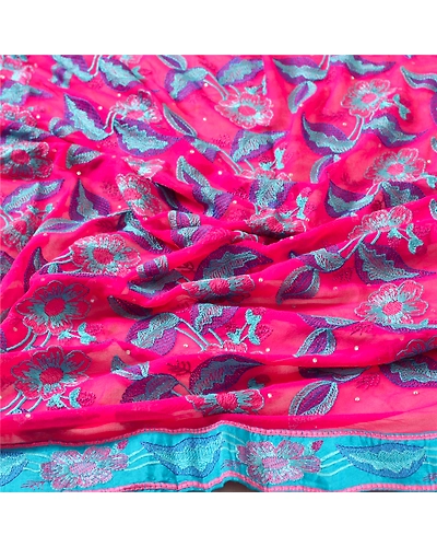 Sanskriti Vintage Dupatta Long Stole Georgette Pink Veil Hand Beaded Scarves DC-46070-Pink-Thread Work-Georgette-7