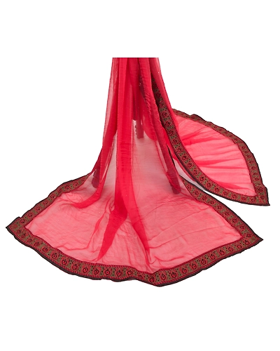 Sanskriti Vintage Dupatta Long Stole Pure Chiffon Silk Red Hand Beaded Wrap Veil DC-46128-Red-Thread Work-Pure Chiffon Silk-2