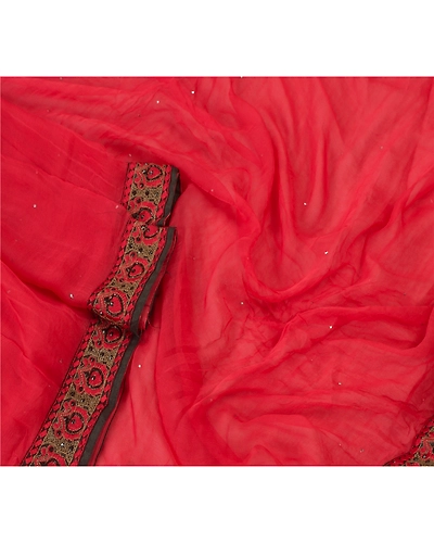 Sanskriti Vintage Dupatta Long Stole Pure Chiffon Silk Red Hand Beaded Wrap Veil DC-46128-Red-Thread Work-Pure Chiffon Silk-3