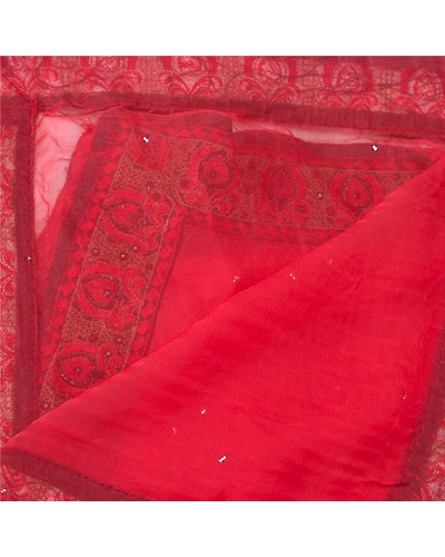 Sanskriti Vintage Dupatta Long Stole Pure Chiffon Silk Red Hand Beaded Wrap Veil DC-46128-Red-Thread Work-Pure Chiffon Silk-4