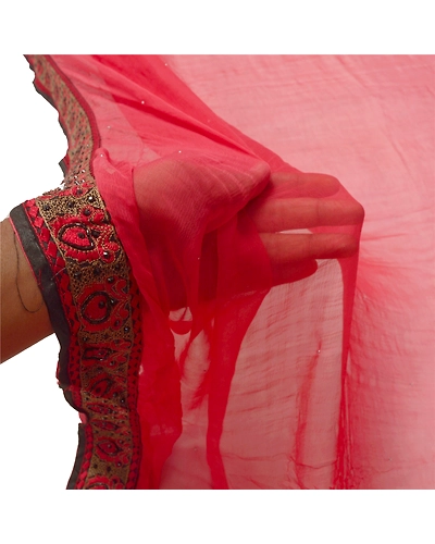 Sanskriti Vintage Dupatta Long Stole Pure Chiffon Silk Red Hand Beaded Wrap Veil DC-46128-Red-Thread Work-Pure Chiffon Silk-5