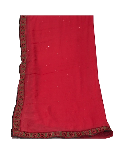 Sanskriti Vintage Dupatta Long Stole Pure Chiffon Silk Red Hand Beaded Wrap Veil DC-46128-Red-Thread Work-Pure Chiffon Silk-8