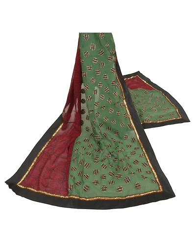 Sanskriti Vintage Dupatta Long Stole Chanderi Green Hijab Embroidered Veil DC-46156-Green &amp; Black-Patch Work-Chanderi-2