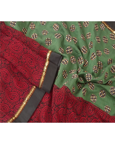 Sanskriti Vintage Dupatta Long Stole Chanderi Green Hijab Embroidered Veil DC-46156-Green &amp; Black-Patch Work-Chanderi-3