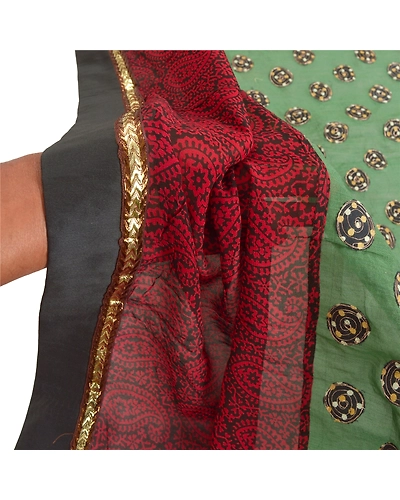 Sanskriti Vintage Dupatta Long Stole Chanderi Green Hijab Embroidered Veil DC-46156-Green &amp; Black-Patch Work-Chanderi-5