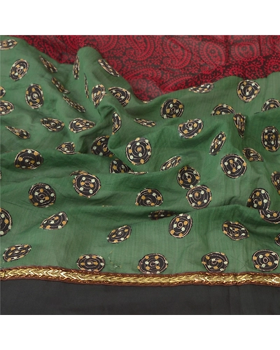Sanskriti Vintage Dupatta Long Stole Chanderi Green Hijab Embroidered Veil DC-46156-Green &amp; Black-Patch Work-Chanderi-6