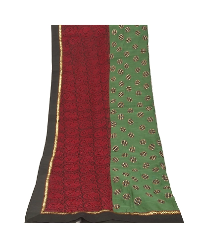 Sanskriti Vintage Dupatta Long Stole Chanderi Green Hijab Embroidered Veil DC-46156-Green &amp; Black-Patch Work-Chanderi-8