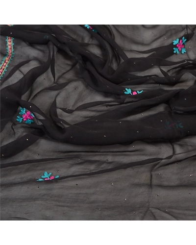 Sanskriti Vintage Dupatta Long Stole Georgette Black Hand Embroidered Hijab DC-46188-Black-Thread Work-Georgette-6