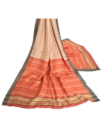 Sanskriti Vintage Dupatta Long Stole Pure Woolen Cream Printed Wrap Soft Shawl DC-46284-Cream &amp; Rusty Orange-Printed Work-Pure Woolen-2