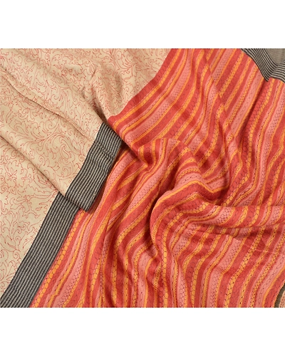 Sanskriti Vintage Dupatta Long Stole Pure Woolen Cream Printed Wrap Soft Shawl DC-46284-Cream &amp; Rusty Orange-Printed Work-Pure Woolen-3