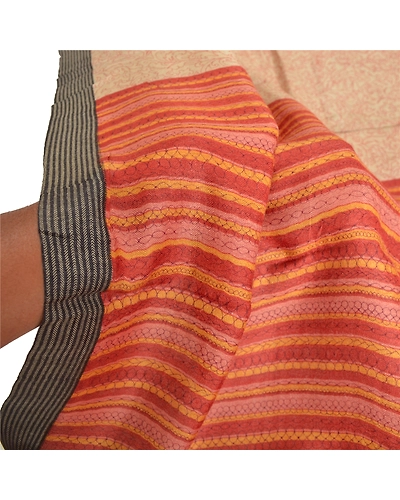 Sanskriti Vintage Dupatta Long Stole Pure Woolen Cream Printed Wrap Soft Shawl DC-46284-Cream &amp; Rusty Orange-Printed Work-Pure Woolen-5