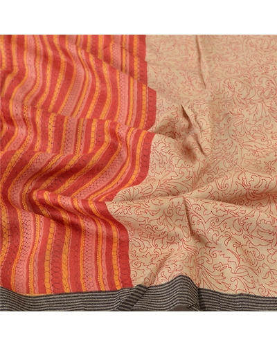 Sanskriti Vintage Dupatta Long Stole Pure Woolen Cream Printed Wrap Soft Shawl DC-46284-Cream &amp; Rusty Orange-Printed Work-Pure Woolen-6