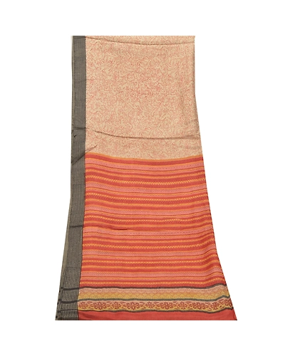 Sanskriti Vintage Dupatta Long Stole Pure Woolen Cream Printed Wrap Soft Shawl DC-46284-Cream &amp; Rusty Orange-Printed Work-Pure Woolen-8