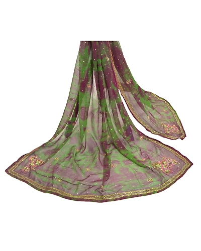 Sanskriti Vintage Dupatta Long Stole Georgette Green Hand Beaded Tie- Dye Veil DC-46310-Green &amp; Purple-Rhinestone Work-Georgette-2