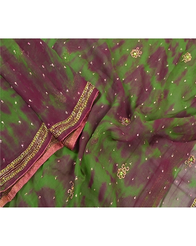 Sanskriti Vintage Dupatta Long Stole Georgette Green Hand Beaded Tie- Dye Veil DC-46310-Green &amp; Purple-Rhinestone Work-Georgette-3