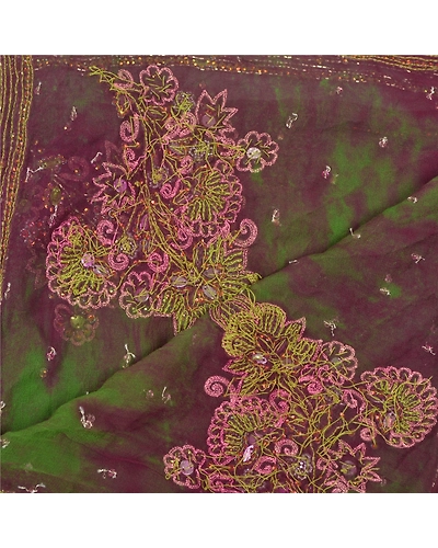 Sanskriti Vintage Dupatta Long Stole Georgette Green Hand Beaded Tie- Dye Veil DC-46310-Green &amp; Purple-Rhinestone Work-Georgette-4