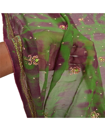 Sanskriti Vintage Dupatta Long Stole Georgette Green Hand Beaded Tie- Dye Veil DC-46310-Green &amp; Purple-Rhinestone Work-Georgette-5