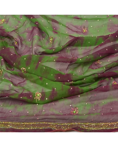 Sanskriti Vintage Dupatta Long Stole Georgette Green Hand Beaded Tie- Dye Veil DC-46310-Green &amp; Purple-Rhinestone Work-Georgette-6