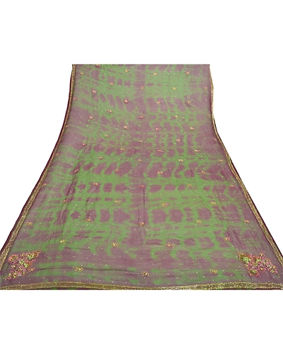 Sanskriti Vintage Dupatta Long Stole Georgette Green Hand Beaded Tie- Dye Veil DC-46310-Green &amp; Purple-Rhinestone Work-Georgette-7