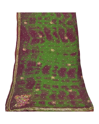 Sanskriti Vintage Dupatta Long Stole Georgette Green Hand Beaded Tie- Dye Veil DC-46310-Green &amp; Purple-Rhinestone Work-Georgette-8